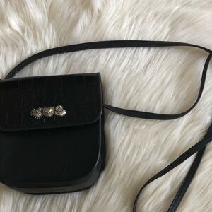 Brighton, blk leather croc flap crossbody 2 tone triple heart medallions